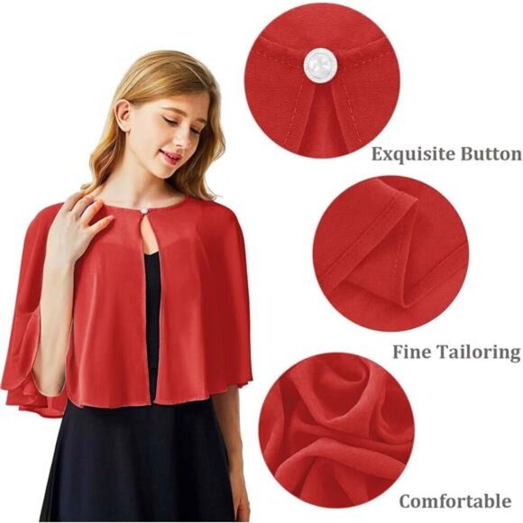 Chiffon Capelets Cape Soft Shrug Shawl A .Style1-red - Picture 2 of 6